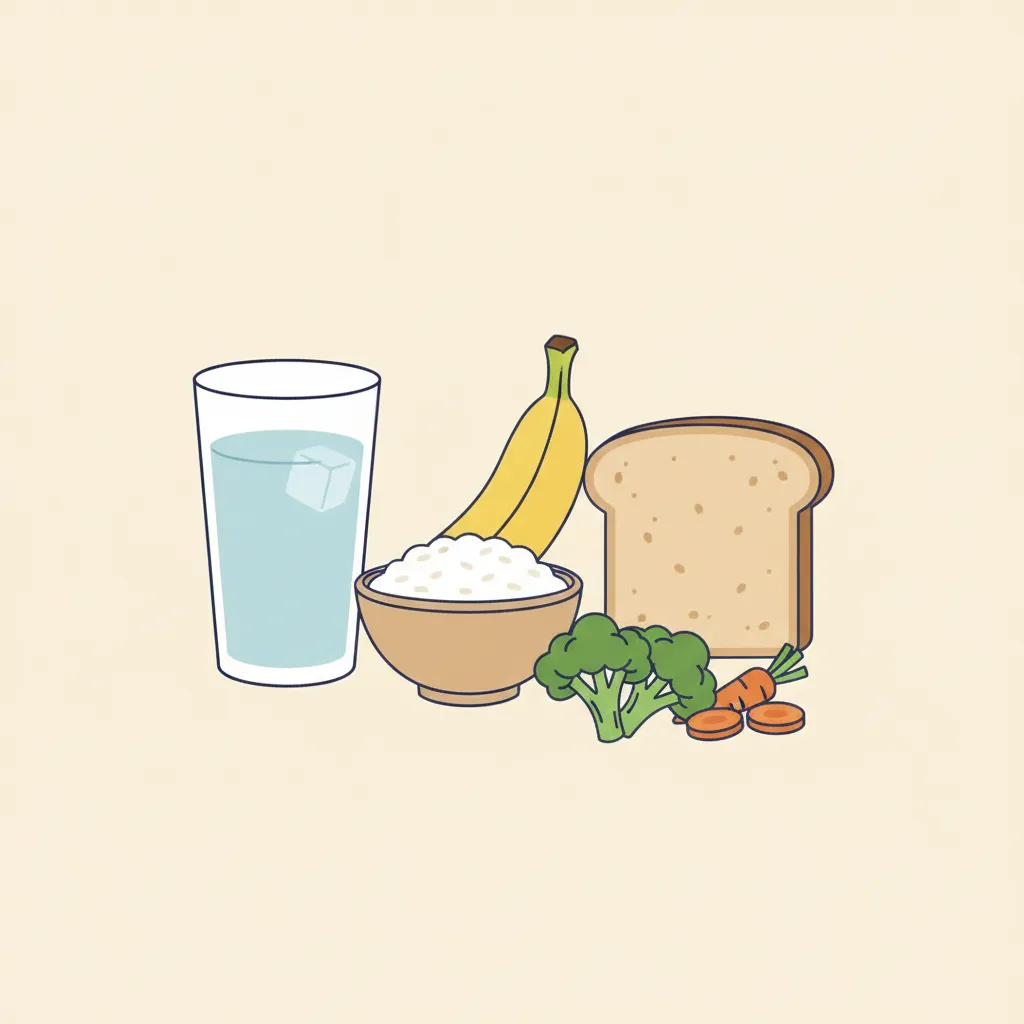 Editorial illustration of an ostomy-friendly meal: a glass of water, banana, bowl of rice, bread and vegetables.