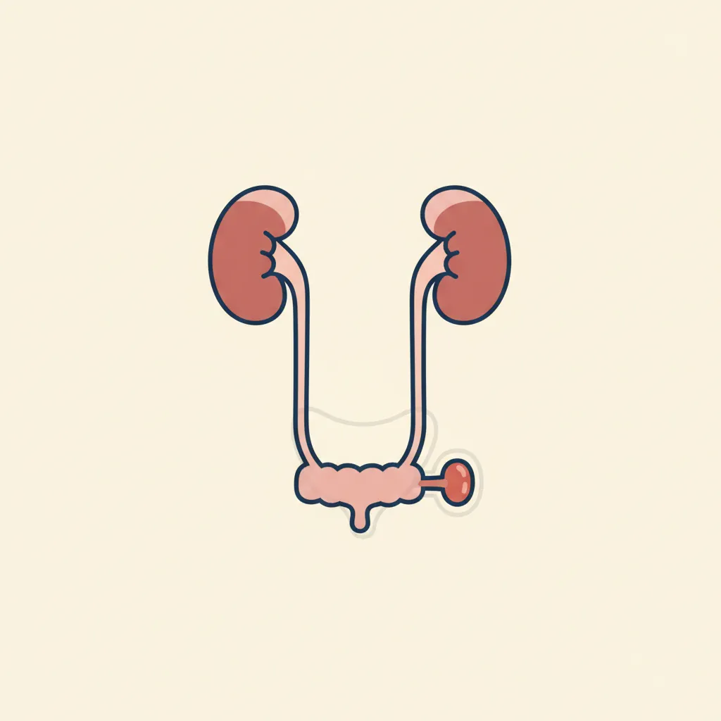 Editorial anatomical schematic of an ileal-conduit urinary diversion: kidneys with ureters draining into a short isolated bowel segment that exits as a urostomy stoma on the abdomen.